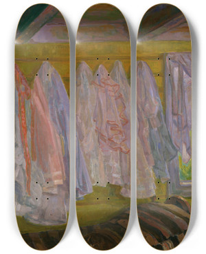 Triptych art skateboard deck of Thorvald Erichsen Summer Dresses Interior From Seljord by Thorvald Erichsen (1868-1939)