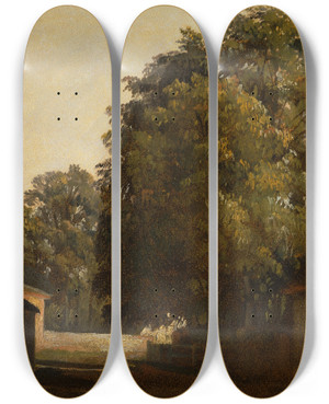 Triptych art skateboard deck of Peter Dewint Landscape With Chestnut Tree by Peter Dewint (1784-1849)