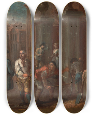 Triptych art skateboard deck of William Hogarth Sign For A Paviour by William Hogarth (1697-1764)