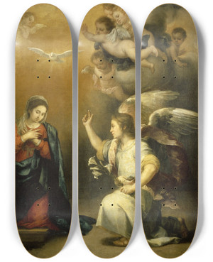 Triptych art skateboard deck of Bartolom Estebn Murillo Annunciation To The Virgin by Bartolome Esteban Murillo (1617-1682)