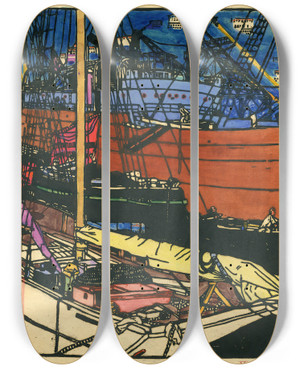 Triptych art skateboard deck of Rudolf Kalvach Farbholzschnitt Hafen Von Triest by Rudolf Kalvach (1883-1932)