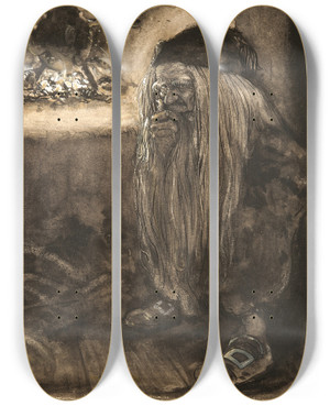 Triptych art skateboard deck of John Bauer Brownie By A Fireplace by John Bauer (1882-1918)