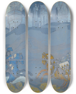 Triptych art skateboard deck of Nicholas Roerich The Duel by Nicholas Roerich (1874-1947)