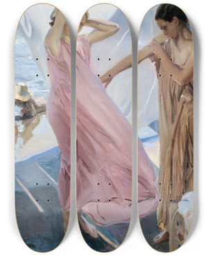 Triptych art skateboard deck of Joaqun Sorolla After Bathing Valencia by Joaquin Sorolla (1863-1923)