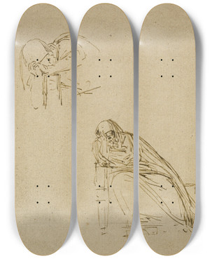 Triptych art skateboard deck of Benjamin West Two Sketches Of A Weeping Woman by Benjamin West (1738-1820)