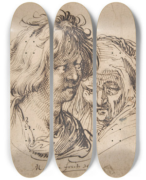 Triptych art skateboard deck of Jacob Matham Young Man And Old Woman by Jacob Matham (1571-1631)