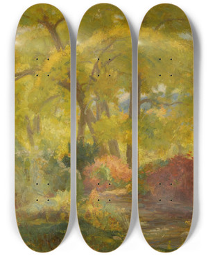 Triptych art skateboard deck of Bert Geer Phillips Meadow With Trees And Flowers by Bert Geer Phillips (1868-1956)