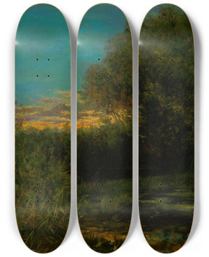 Triptych art skateboard deck of Eduard Majsch Sunset And Tree Shade by Eduard Majsch (1841-1904)