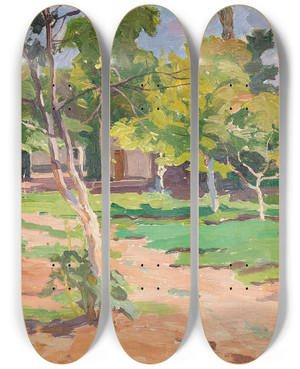 Triptych art skateboard deck of Nikolai Semenovich Samokish A Summer Garden by Nikolai Semenovich Samokish (1860-1944)
