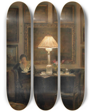 Triptych art skateboard deck of Carl Holse A Lady Reading By Lamplight by Carl Holsoe (1863-1935)