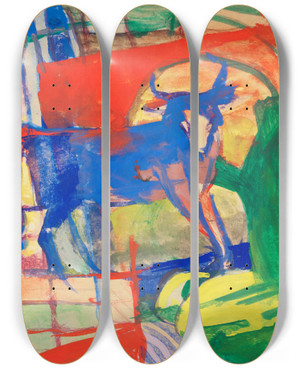 Triptych art skateboard deck of Franz Marc Blaue Kuh by Franz Marc (1880-1916)
