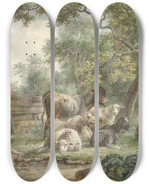 Triptych art skateboard deck of Pieter Gerardus Van Os Cattle In An Orchard by Pieter Gerardus Van Os (1776-1836)