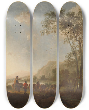 Triptych art skateboard deck of Aelbert Cuyp Landscape With Herdsmen And Cattle by Aelbert Cuyp (1620-1691)