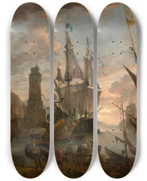 Triptych art skateboard deck of Hendrik Van Minderhout Eastern Seaport by Hendrik Van Minderhout (1632-1696)