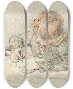 Triptych art skateboard deck of William Henry Hunt A Boy Writing by William Henry Hunt (1790-1864)