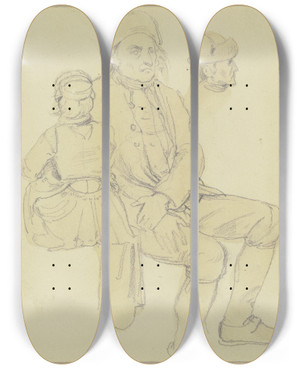 Triptych art skateboard deck of Jakob Becker Alter Bauer Mit Kleinem Mdchen by Jakob Becker (1810-1872)
