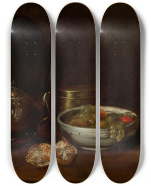 Triptych art skateboard deck of William Merritt Chase Still Life With Tea Kettle And Fruit by William Merritt Chase (1849-1916)