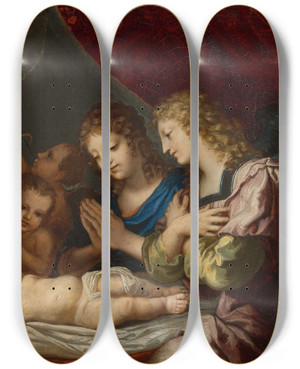 Triptych art skateboard deck of Jacques Stella Angels Adoring The Sleeping Christ by Jacques Stella (1596-1657)