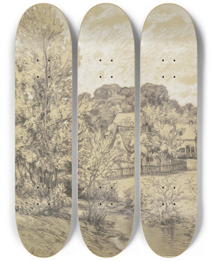 Triptych art skateboard deck of Peter Burnitz Ansicht Von Schnberg Bei Kronberg by Peter Burnitz (1824-1886)