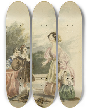 Triptych art skateboard deck of Alfred Edward Chalon The Broken Toy by Alfred Edward Chalon (1780-1860)