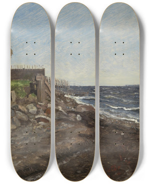 Triptych art skateboard deck of Jrgen Roed The Coast At Hellebk Study_2 by Jorgen Roed (1808-1888)
