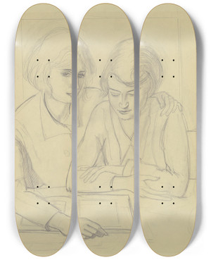 Triptych art skateboard deck of Hermann Lismann Two Girls by Hermann Lismann (1878-1943)