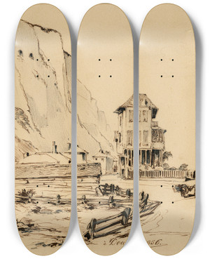 Triptych art skateboard deck of Pieter Van Loon Huizen Op Het Strand Te Dover by Pieter Van Loon (1801-1873)