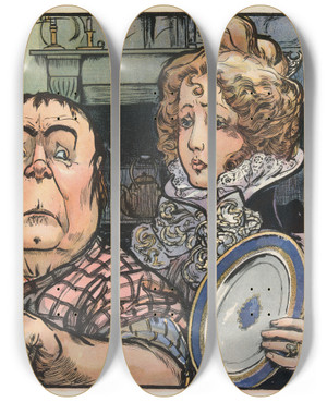 Triptych art skateboard deck of Frank Arthur Nankivell Evidently Newly Wed by Frank Arthur Nankivell (1869-1959)