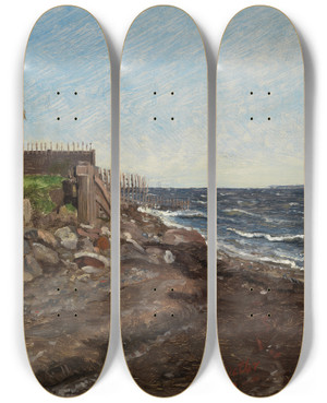 Triptych art skateboard deck of Jrgen Roed The Coast At Hellebk Study_1 by Jorgen Roed (1808-1888)