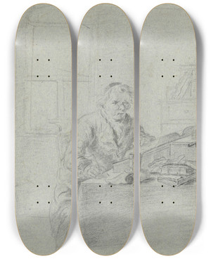 Triptych art skateboard deck of Justus Juncker Gelehrter Im Studierzimmer Am Fenster Vor Seinem Schreibtisch Sitzend by Justus Juncker (1703-1767)