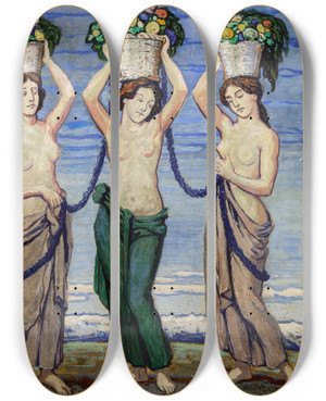 Triptych art skateboard deck of Wilhelm Ss Drei Grazien by Wilhelm Sus (1861-1933)