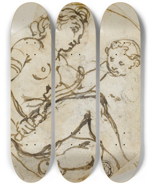 Triptych art skateboard deck of Andrea Lilio Venus And Cupid by Andrea Lilio (1555-1642)