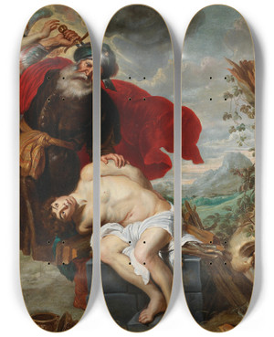 Triptych art skateboard deck of Cornelis De Vos The Sacrifice Of Isaac by Cornelis de Vos (1584-1651)