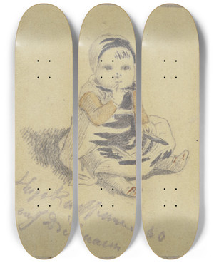 Triptych art skateboard deck of Hugo Kauffmann Am Boden Sitzendes Kleines Kind by Hugo Kauffmann (1844-1915)