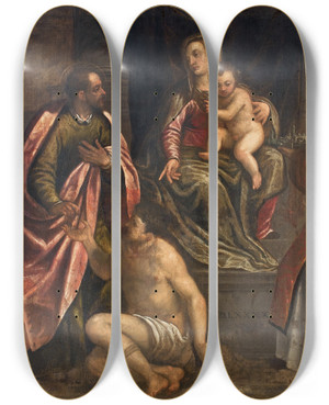 Triptych art skateboard deck of Alessandro Maganza The Virgin And Child With St Martin And St Petronius by Alessandro Maganza (1556-1630)