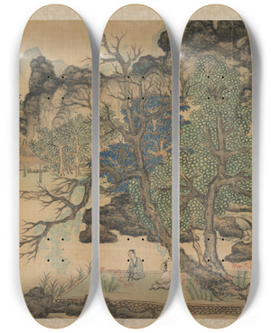 Triptych art skateboard deck of Chen Hongshou Scholars In A Garden by Chen Hongshou (1598-1652)