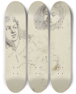 Triptych art skateboard deck of Jacob De Wit Two Heads by Jacob de Wit (1695-1754)