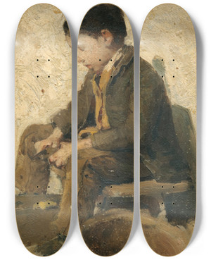 Triptych art skateboard deck of Albert Anker Sittingboy Peeling Vegetables by Albert Anker (1831-1910)