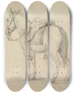 Triptych art skateboard deck of Ferdinand Keller Studie Gesatteltes Pferd Von Hinten Seitlich by Ferdinand Keller (1842-1922)