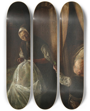 Triptych art skateboard deck of Laurits Andersen Ring En Dreng Rkker Sin Bedstemor En Grn Rt by Laurits Andersen Ring (1854-1933)