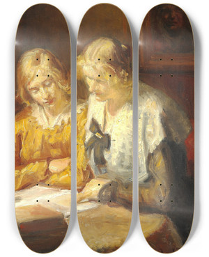 Triptych art skateboard deck of Michael Ancher To Unge Piger Sidder Ved Bordet Og Lser I En Bog by Michael Ancher (1849-1927)