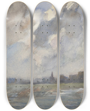 Triptych art skateboard deck of Frans Smissaert Rivierlandschap Met Kerktoren Bij Storm by Frans Smissaert (1862-1944)