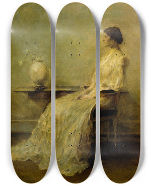 Triptych art skateboard deck of Thomas Wilmer Dewing Lady In White No 2 by Thomas Wilmer Dewing (1851-1938)