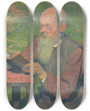 Triptych art skateboard deck of Elemr Halszhradil A Reading Old Man by Elemir Halasz Hradil (1873-1948)