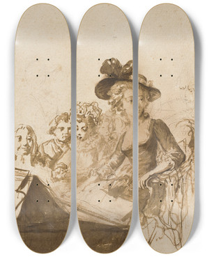 Triptych art skateboard deck of Philibertlouis Debucourt Soire Intime by Philibert-Louis Debucourt (1755-1832)