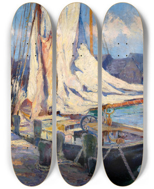 Triptych art skateboard deck of Bertha Eversfield Perrie Wharf Scene Gloucester by Bertha Eversfield Perrie (1868-1921)
