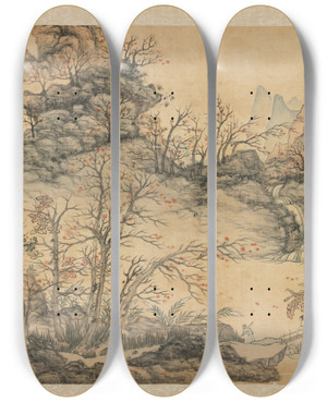 Triptych art skateboard deck of Chen Hongshou Autumn Landscape by Chen Hongshou (1598-1652)
