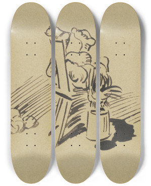 Triptych art skateboard deck of Wilhelm Busch Stramm Sei Der Nacken Da Man Trage Das Vollgewicht In Khner Waage by Wilhelm Busch (1832-1908)