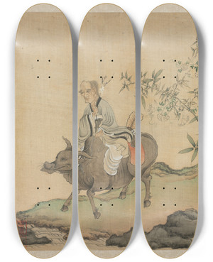 Triptych art skateboard deck of Chen Hongshou Laozi Riding An Ox by Chen Hongshou (1598-1652)