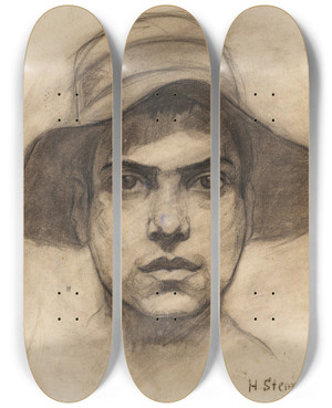 Triptych art skateboard deck of Hermann Stenner Mnnerkopf Mit Hut by Hermann Stenner (1891-1914)